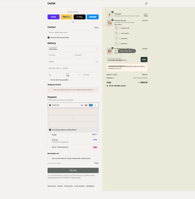 Eadem checkout page showing Eadem discount code box | Screenshot taken by SimplyCodes community member on Sep 15, 2025