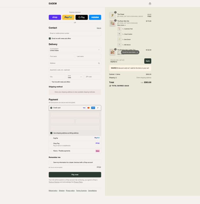 Eadem checkout page showing Eadem discount code box | Screenshot taken by SimplyCodes community member on Sep 15, 2025