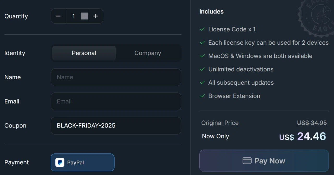 Eagle.cool promo code screenshot showing code BLACK-FRIDAY-2025 applied at Eagle.cool checkout page. Uploaded by SimplyCodes community member Vladdd on Nov 28, 2025