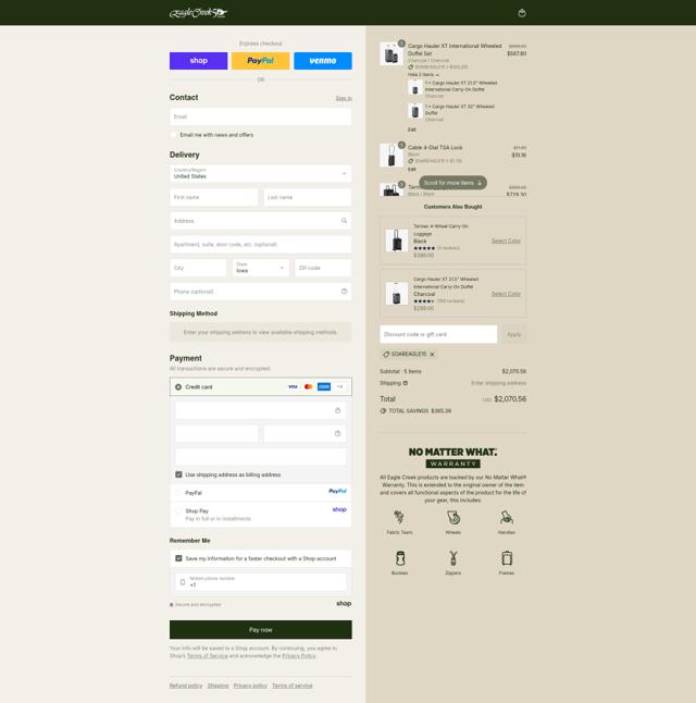 Eagle Creek checkout page showing Eagle Creek discount code box | Screenshot taken by SimplyCodes community member on Sep 12, 2025