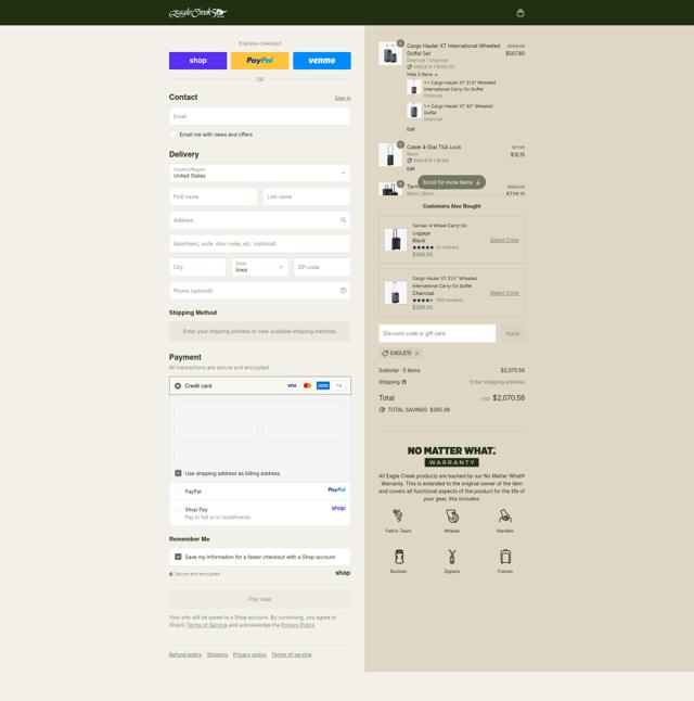 Eagle Creek checkout page showing Eagle Creek discount code box | Screenshot taken by SimplyCodes community member on Sep 12, 2025