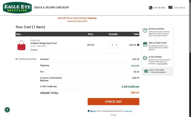 Eagle Eye Outfitters checkout page showing Eagle Eye Outfitters coupon code box | Screenshot taken by SimplyCodes community member on Jul 4, 2025