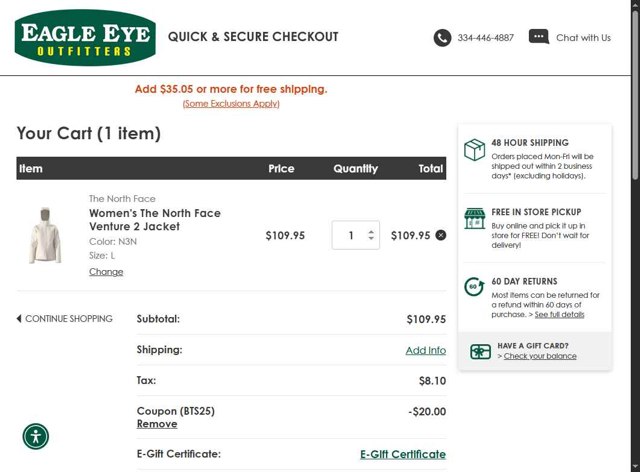 Eagle Eye Outfitters checkout page showing Eagle Eye Outfitters coupon code box | Screenshot taken by SimplyCodes community member on Aug 4, 2025