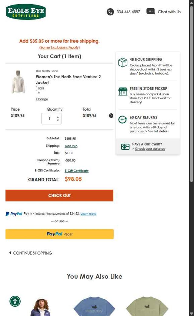 Eagle Eye Outfitters checkout page showing Eagle Eye Outfitters coupon code box | Screenshot taken by SimplyCodes community member on Jul 28, 2025
