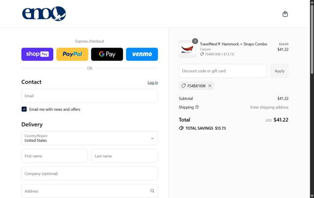 Eagles Nest Outfitters checkout page showing Eagles Nest Outfitters promo code box | Screenshot taken by SimplyCodes community member on Aug 20, 2025
