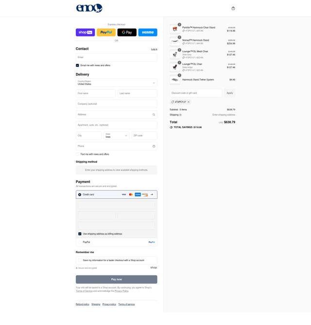 Eagles Nest Outfitters checkout page showing Eagles Nest Outfitters promo code box | Screenshot taken by SimplyCodes community member on Aug 16, 2025