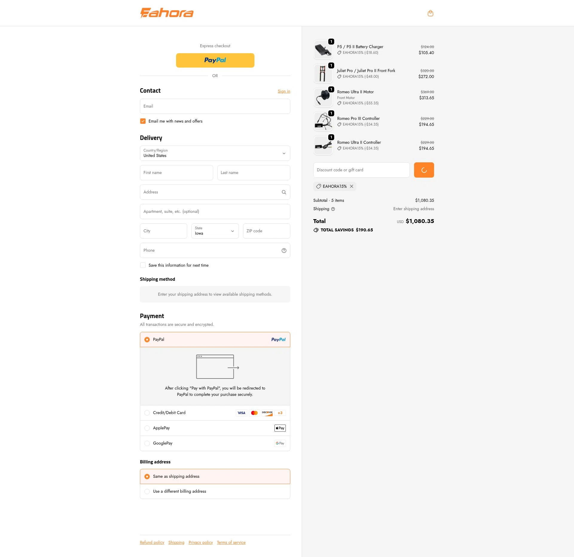 Eahora checkout page showing Eahora discount code box | Screenshot taken by SimplyCodes community member on Jan 8, 2026