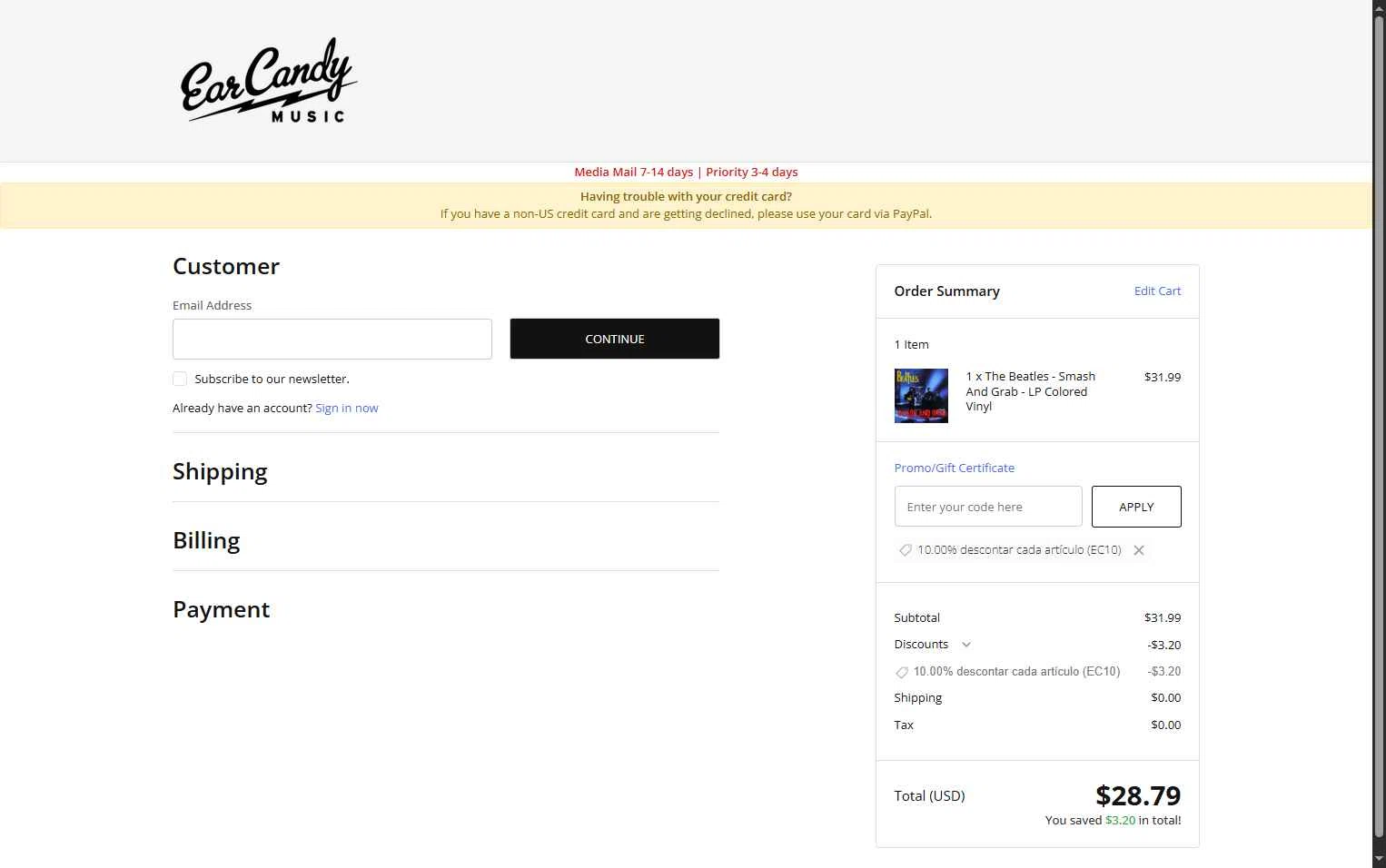 Ear Candy Music checkout page showing Ear Candy Music promo code box | Screenshot taken by SimplyCodes community member on Jan 8, 2026