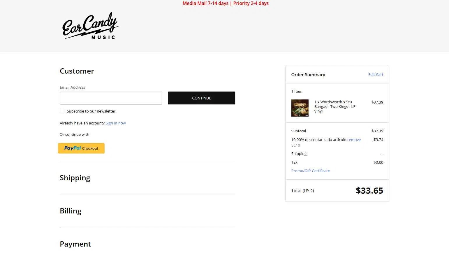 Ear Candy Music checkout page showing Ear Candy Music promo code box | Screenshot taken by SimplyCodes community member on May 20, 2025