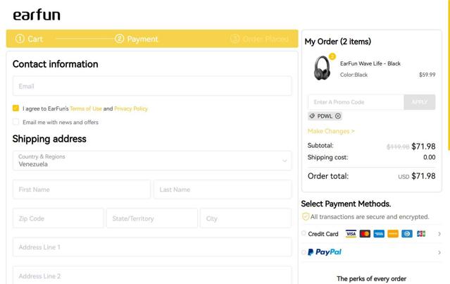 EarFun checkout page showing EarFun promo code box | Screenshot taken by SimplyCodes community member on Sep 14, 2025