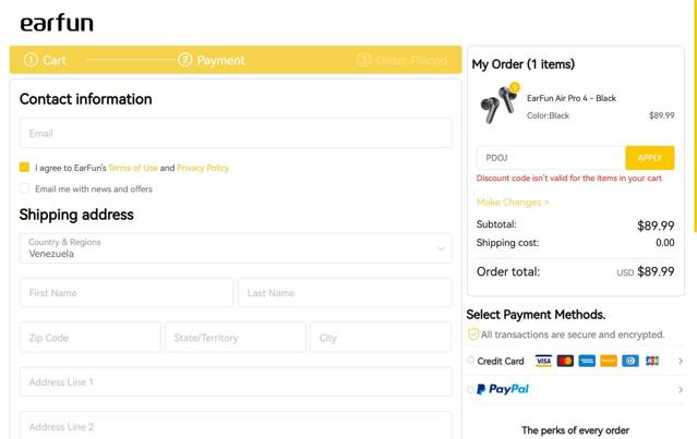 EarFun checkout page showing EarFun promo code box | Screenshot taken by SimplyCodes community member on Sep 13, 2025