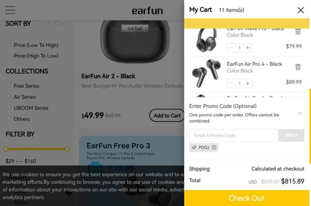 EarFun checkout page showing EarFun promo code box | Screenshot taken by SimplyCodes community member on Sep 14, 2025