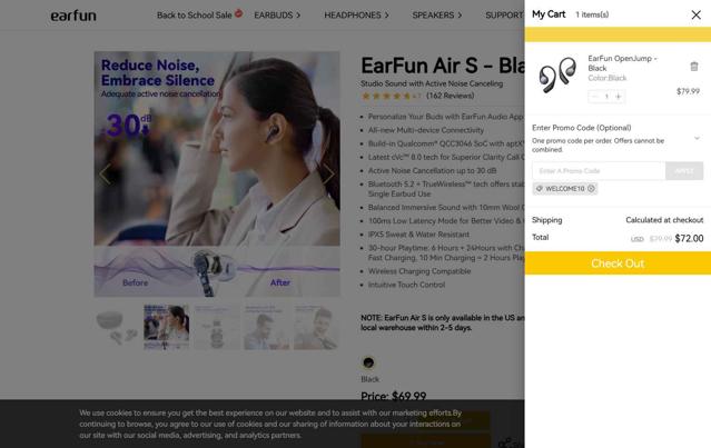 EarFun checkout page showing EarFun promo code box | Screenshot taken by SimplyCodes community member on Sep 14, 2025