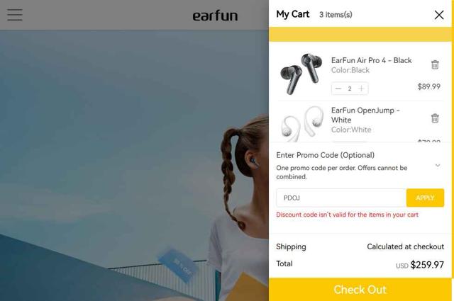 EarFun checkout page showing EarFun promo code box | Screenshot taken by SimplyCodes community member on Sep 14, 2025