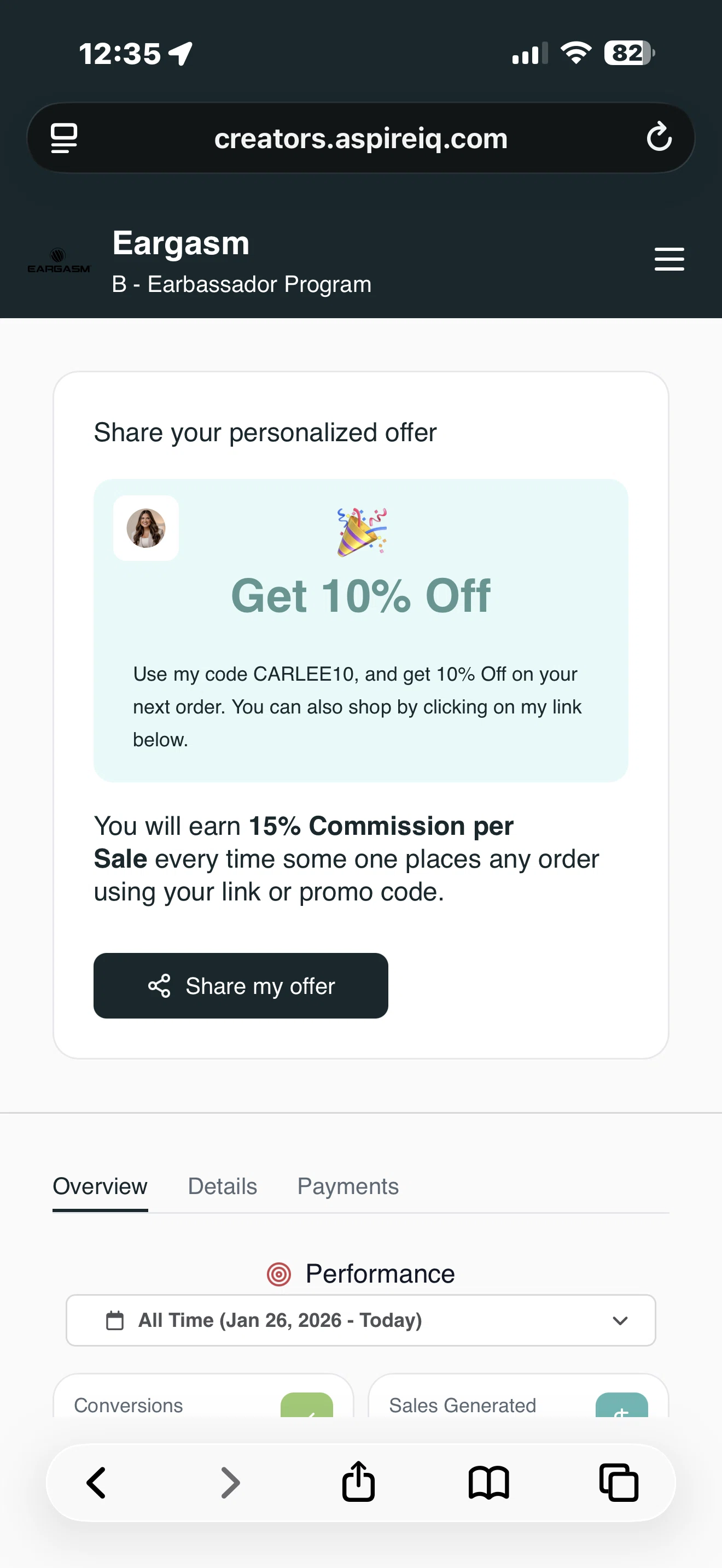 Eargasm promo code screenshot showing code CARLEE10 applied at Eargasm checkout page. Uploaded by SimplyCodes community member SaleTitan9064 on Feb 21, 2026