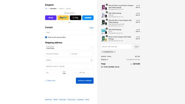 Eargasm checkout page showing Eargasm discount code box | Screenshot taken by SimplyCodes community member on Sep 15, 2025