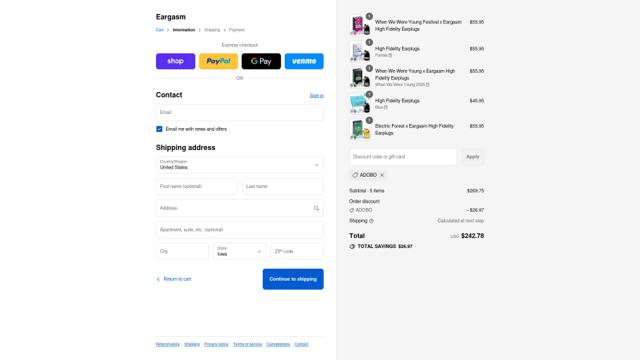 Eargasm checkout page showing Eargasm discount code box | Screenshot taken by SimplyCodes community member on Sep 15, 2025