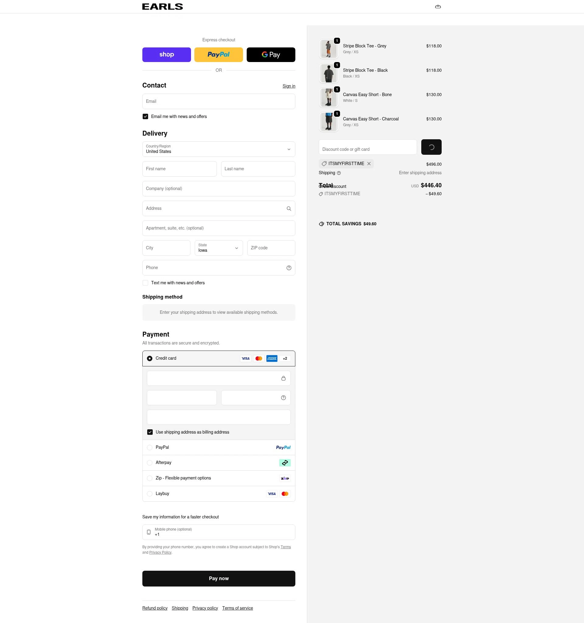 Earls Collection checkout page showing Earls Collection discount code box | Screenshot taken by SimplyCodes community member on Feb 19, 2026