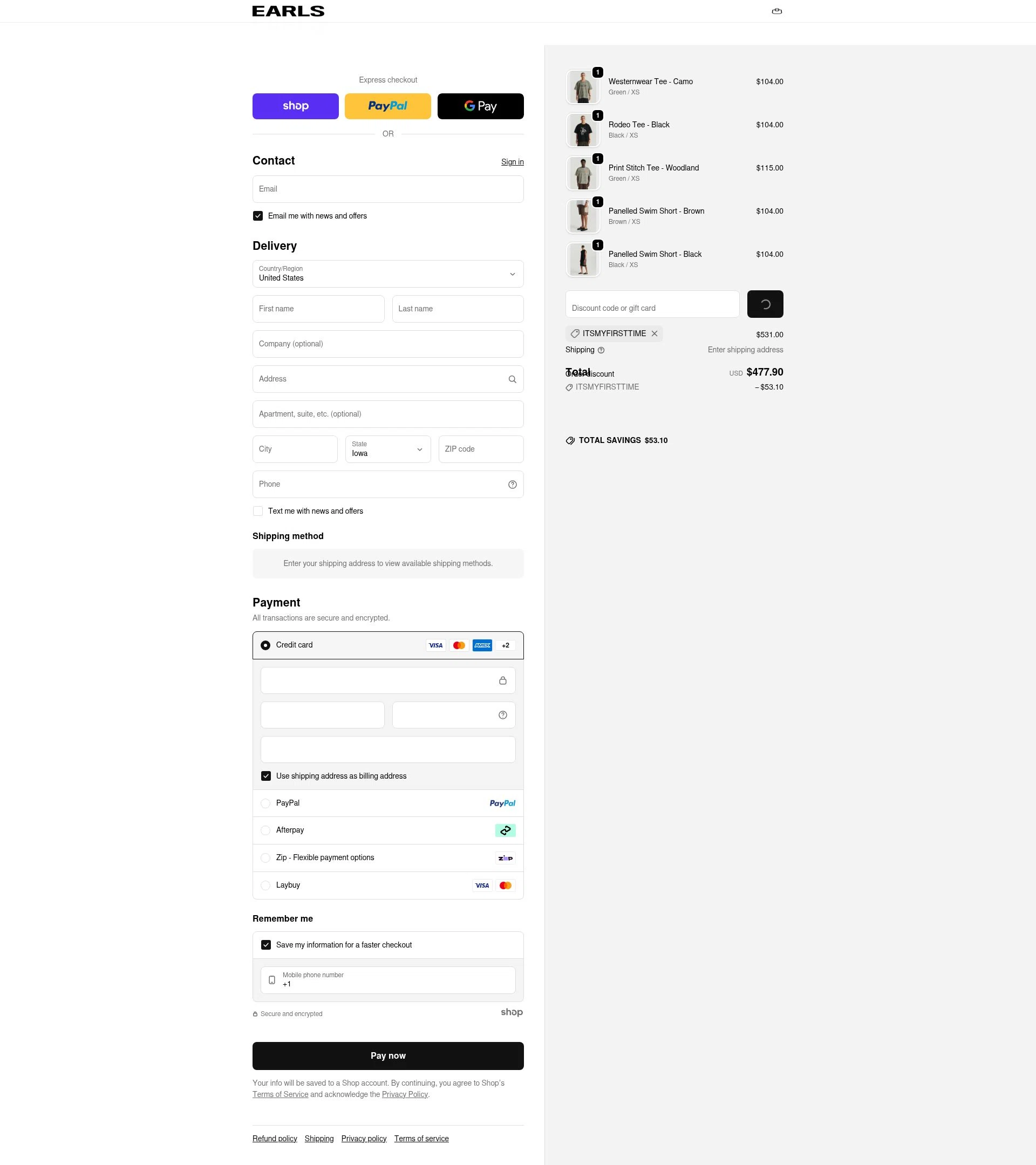 Earls Collection checkout page showing Earls Collection discount code box | Screenshot taken by SimplyCodes community member on Jan 24, 2026