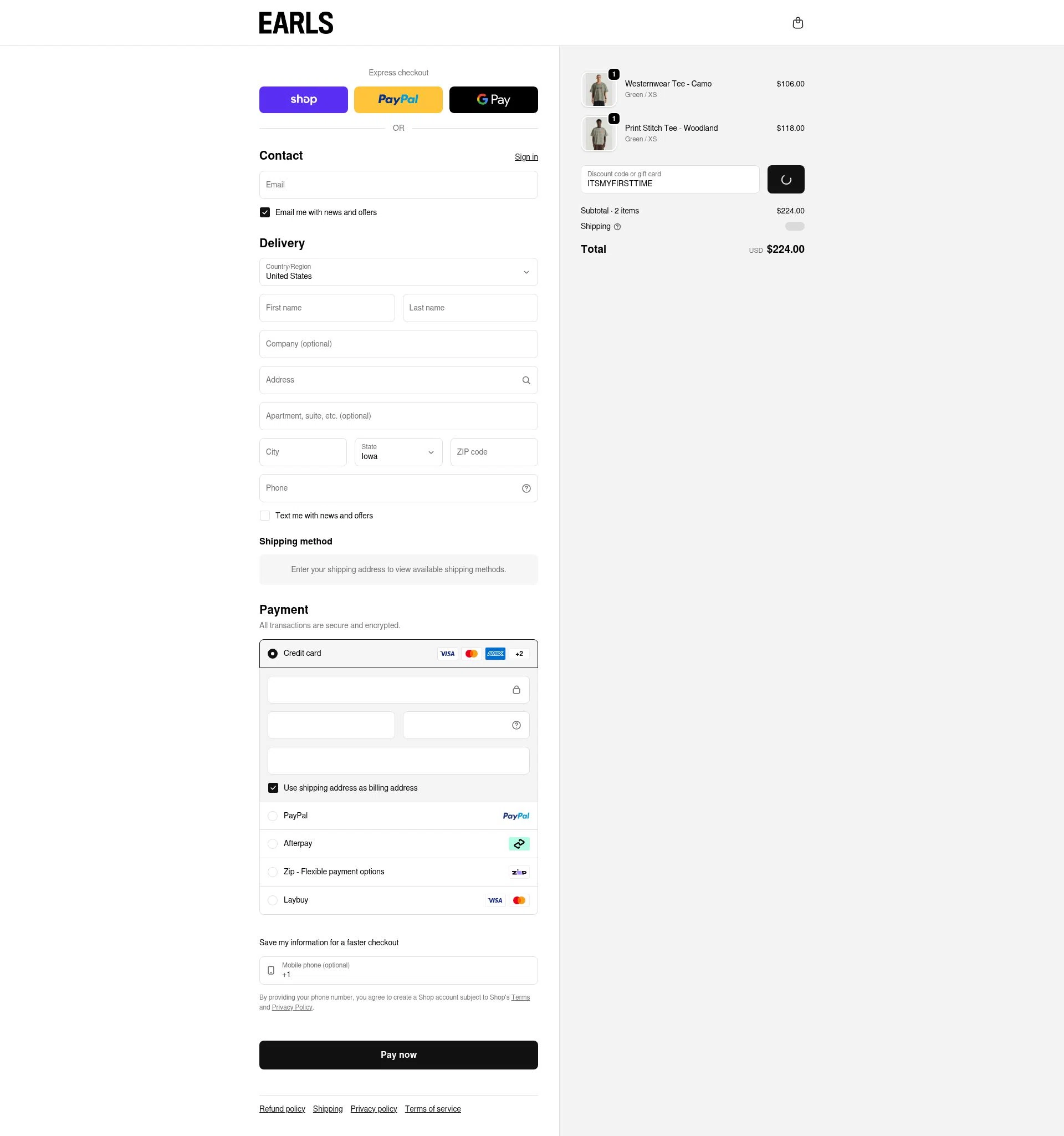 Earls Collection checkout page showing Earls Collection discount code box | Screenshot taken by SimplyCodes community member on Feb 10, 2026