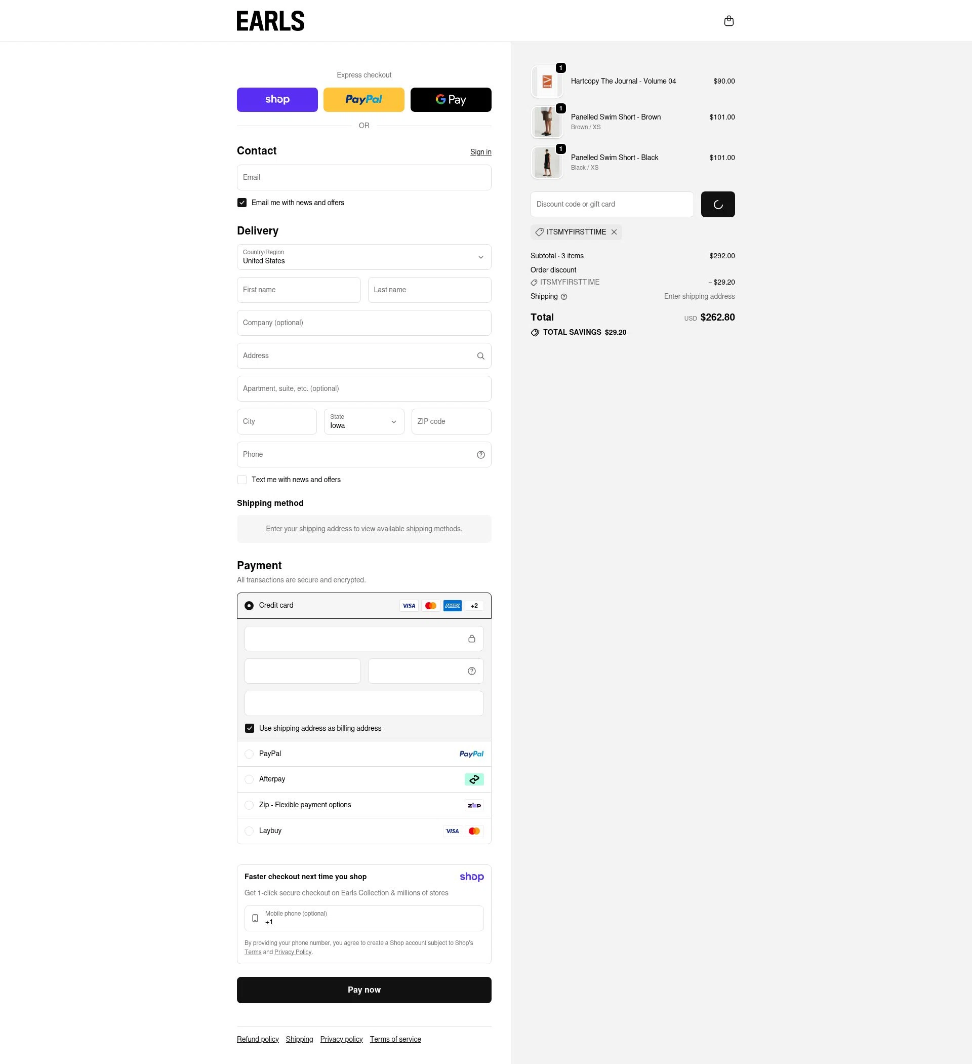 Earls Collection checkout page showing Earls Collection discount code box | Screenshot taken by SimplyCodes community member on Jan 9, 2026