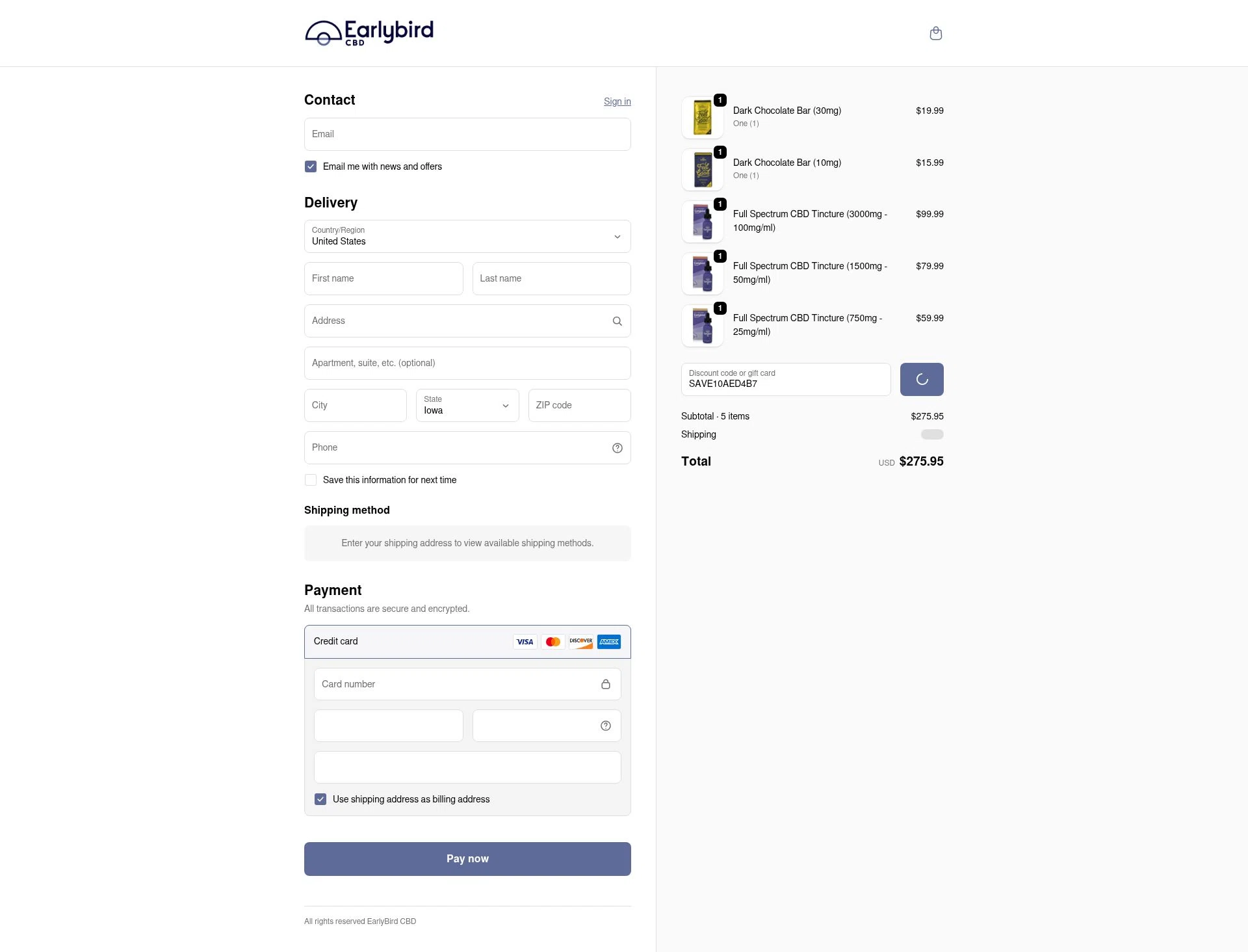 Earlybird CBD checkout page showing Earlybird CBD discount code box | Screenshot taken by SimplyCodes community member on Feb 11, 2026