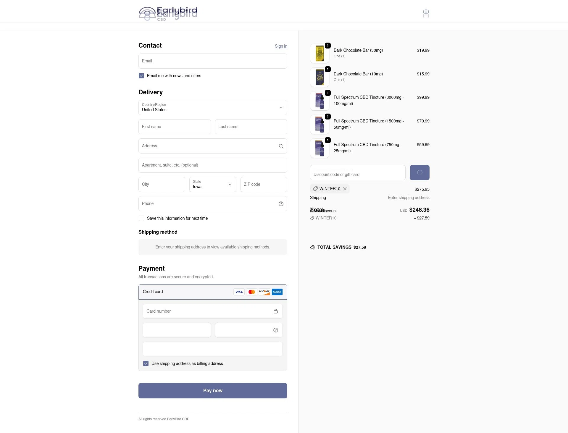 Earlybird CBD checkout page showing Earlybird CBD discount code box | Screenshot taken by SimplyCodes community member on Feb 11, 2026