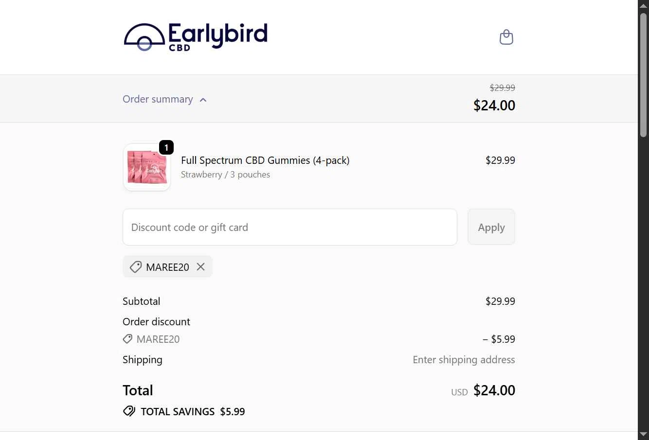 Earlybird CBD checkout page showing Earlybird CBD discount code box | Screenshot taken by SimplyCodes community member on Feb 12, 2026
