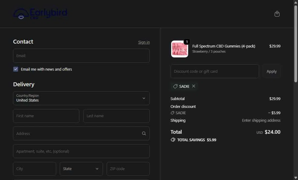 Earlybird CBD checkout page showing Earlybird CBD discount code box | Screenshot taken by SimplyCodes community member on Feb 11, 2026