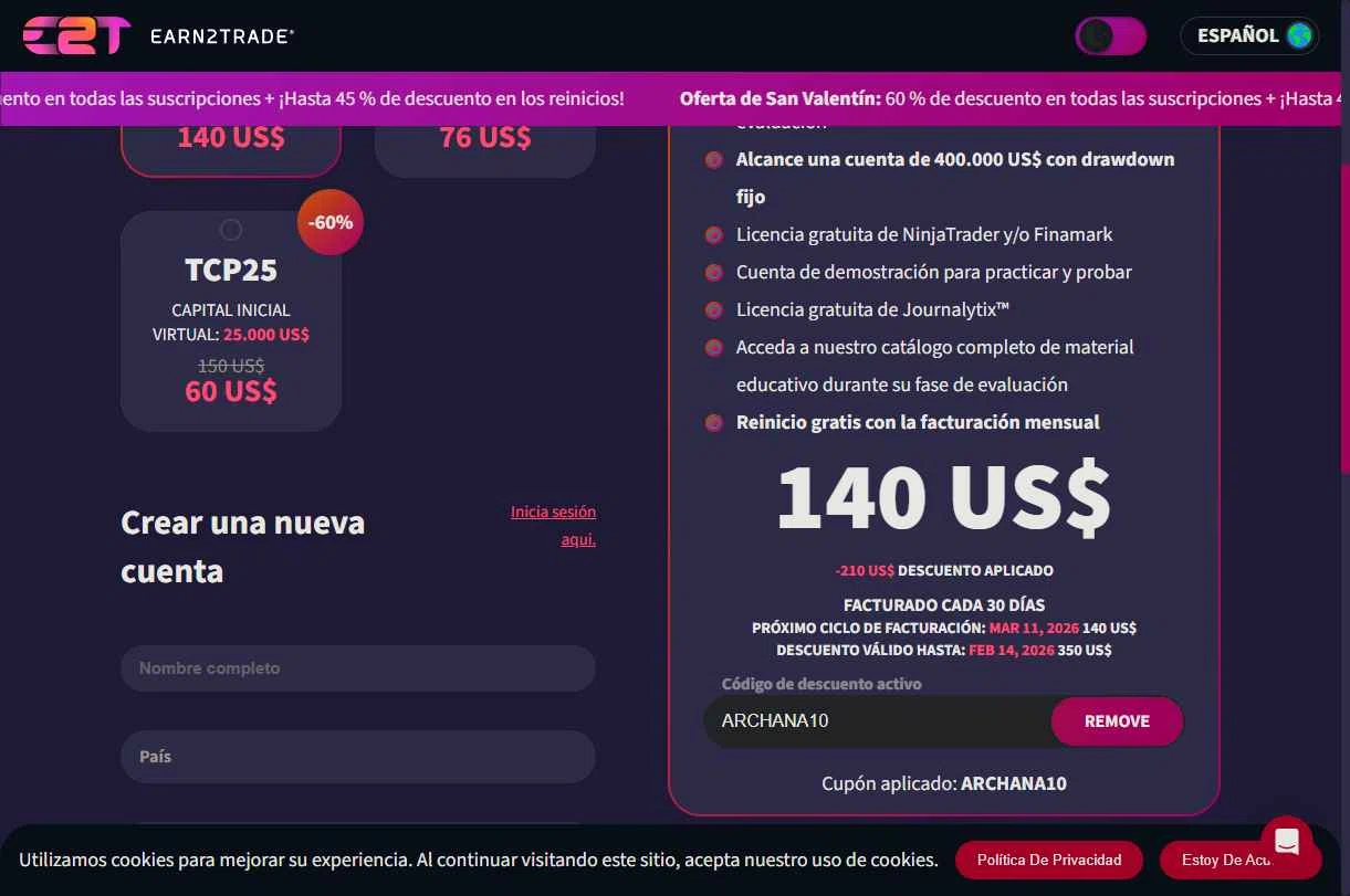 Earn2Trade checkout page showing Earn2Trade discount code box | Screenshot taken by SimplyCodes community member on Feb 9, 2026