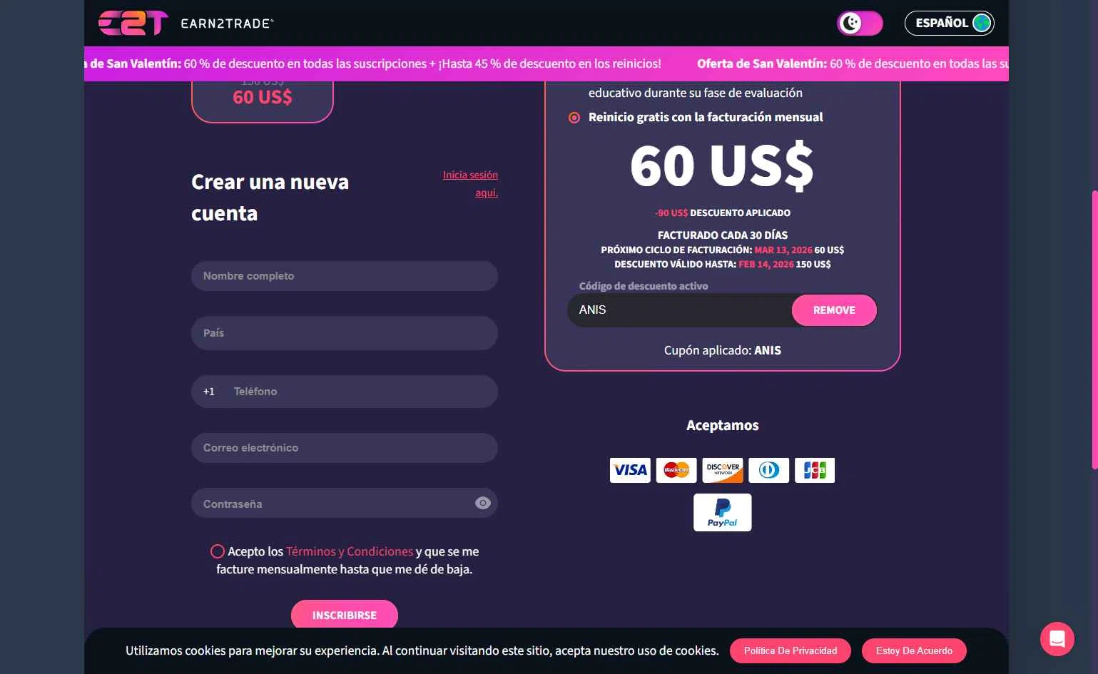 Earn2Trade checkout page showing Earn2Trade discount code box | Screenshot taken by SimplyCodes community member on Feb 11, 2026
