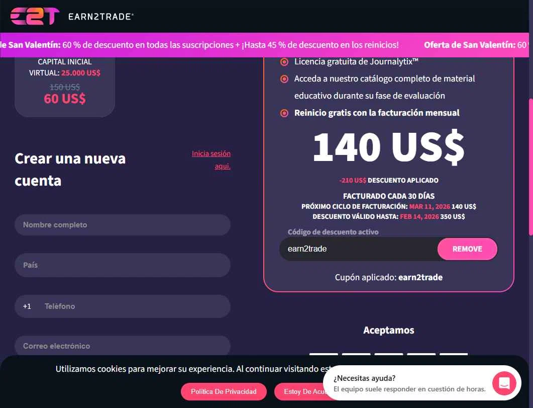 Earn2Trade checkout page showing Earn2Trade discount code box | Screenshot taken by SimplyCodes community member on Feb 9, 2026
