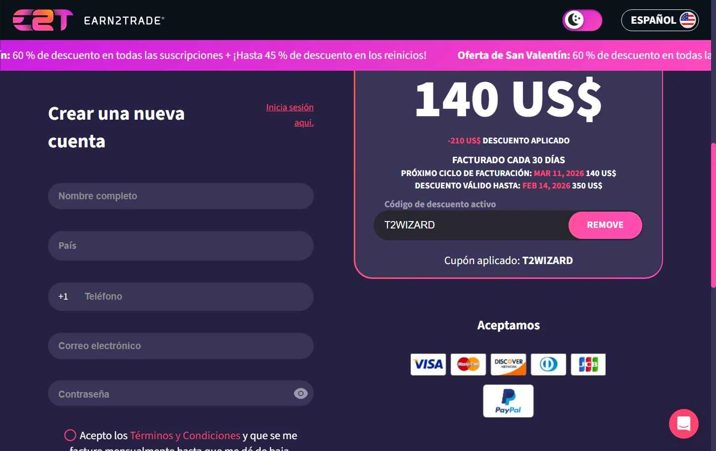 Earn2Trade checkout page showing Earn2Trade discount code box | Screenshot taken by SimplyCodes community member on Feb 10, 2026