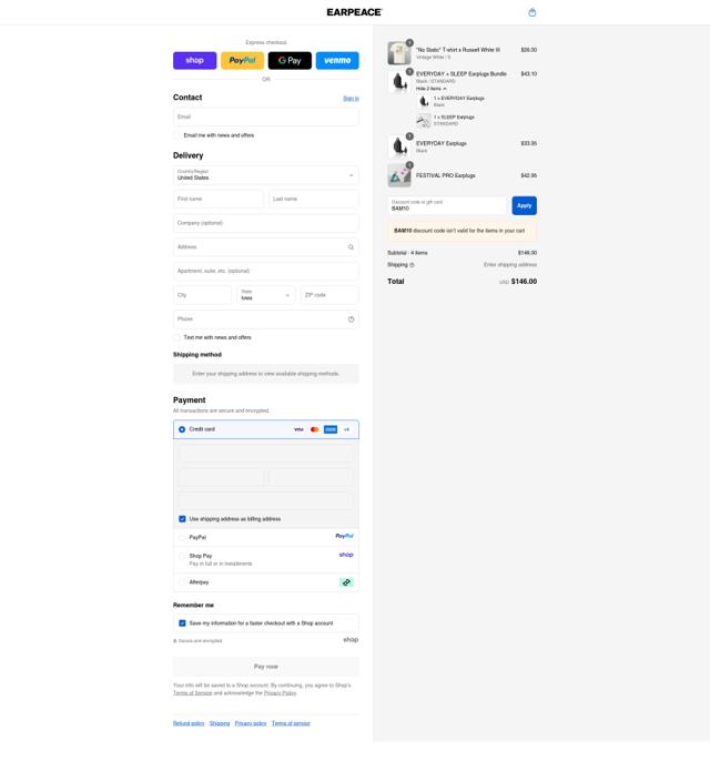 EarPeace checkout page showing EarPeace discount code box | Screenshot taken by SimplyCodes community member on Sep 16, 2025