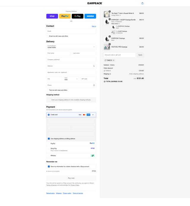EarPeace checkout page showing EarPeace discount code box | Screenshot taken by SimplyCodes community member on Sep 16, 2025