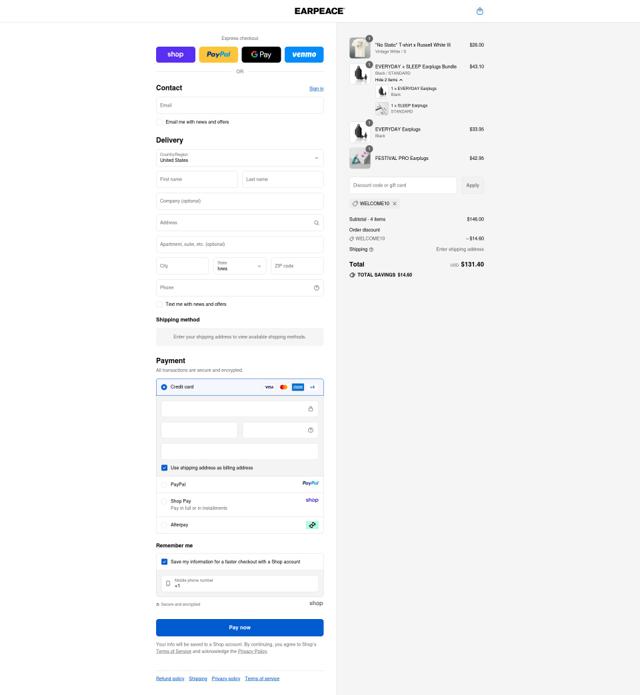 EarPeace checkout page showing EarPeace discount code box | Screenshot taken by SimplyCodes community member on Sep 16, 2025