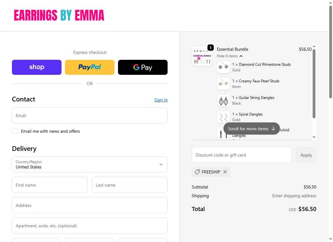 Earrings by Emma checkout page showing Earrings by Emma discount code box | Screenshot taken by SimplyCodes community member on Jan 23, 2026
