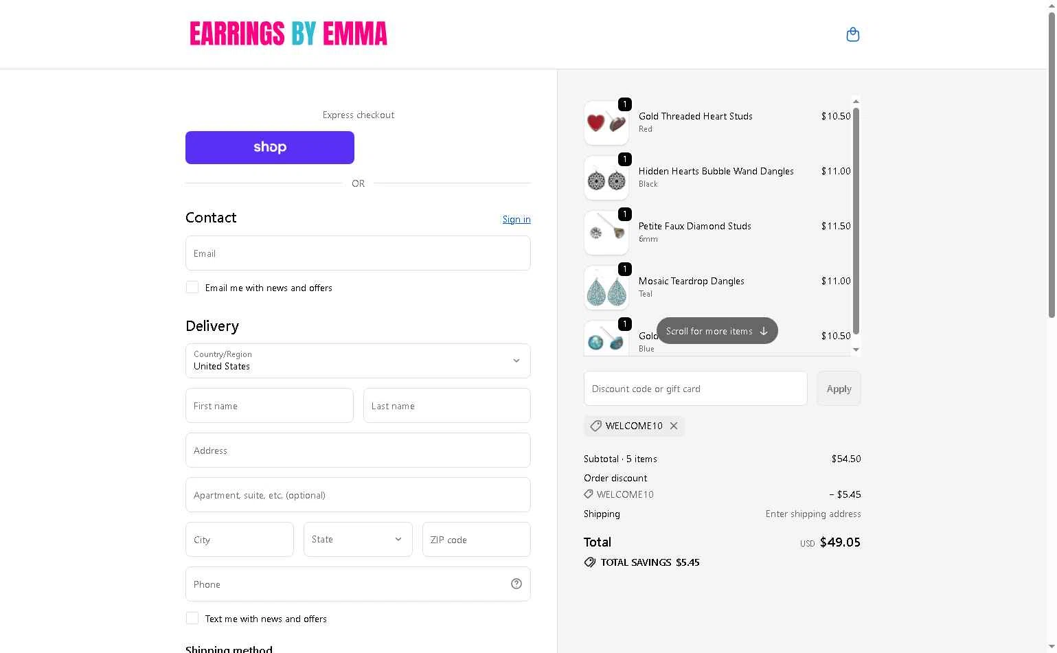 Earrings by Emma checkout page showing Earrings by Emma discount code box | Screenshot taken by SimplyCodes community member on Jan 27, 2026
