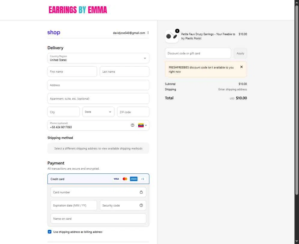 Earrings by Emma checkout page showing Earrings by Emma discount code box | Screenshot taken by SimplyCodes community member on Jan 28, 2026