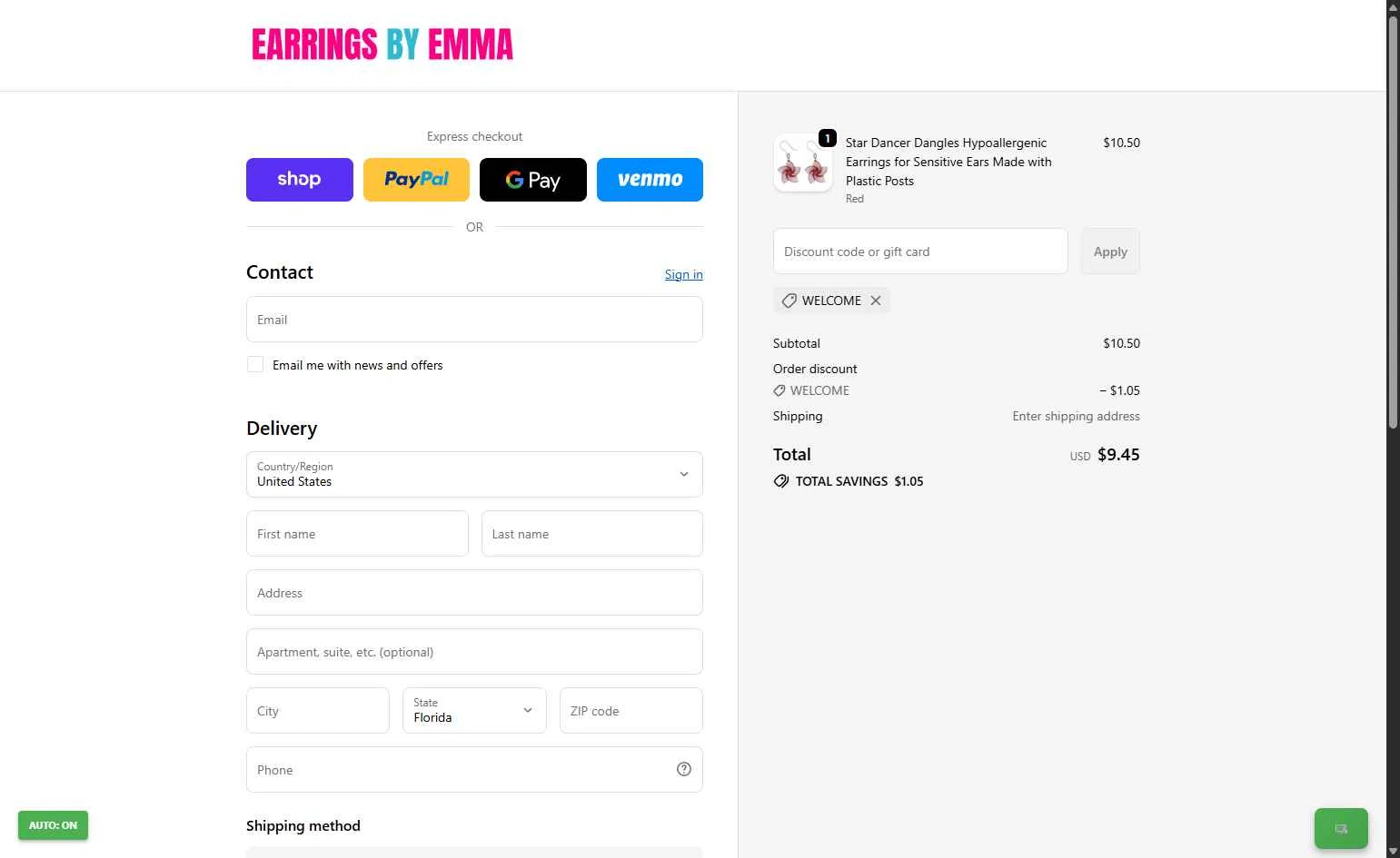 Earrings by Emma checkout page showing Earrings by Emma discount code box | Screenshot taken by SimplyCodes community member on Dec 6, 2025