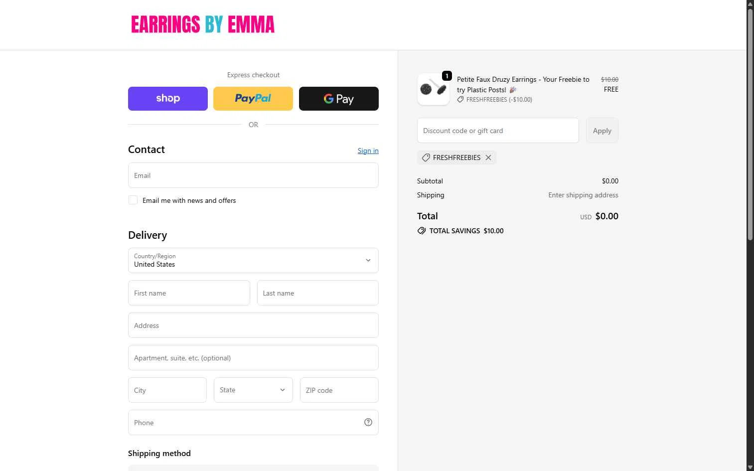 Earrings by Emma checkout page showing Earrings by Emma discount code box | Screenshot taken by SimplyCodes community member on Nov 10, 2025