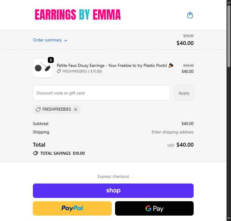 Earrings by Emma checkout page showing Earrings by Emma discount code box | Screenshot taken by SimplyCodes community member on Dec 30, 2025
