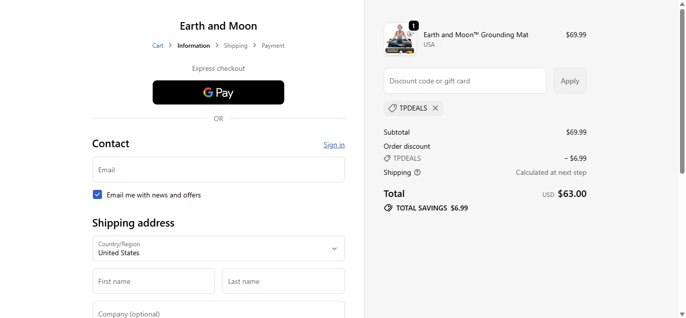 Earth and Moon discount code screenshot showing code TPDEALS applied at Earth and Moon checkout page. Uploaded by SimplyCodes community member MathewsAlex on Feb 14, 2026
