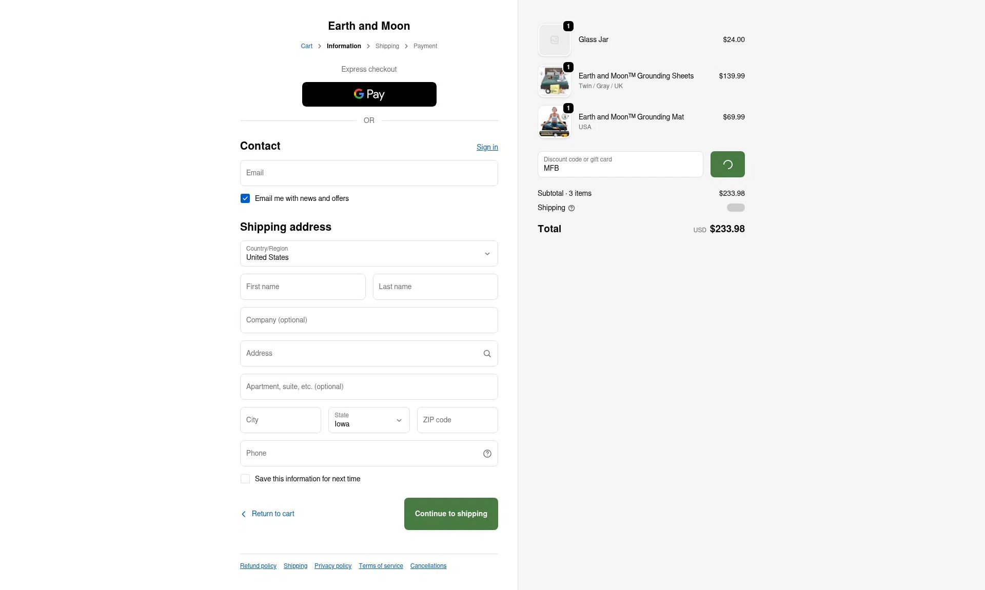 Earth and Moon checkout page showing Earth and Moon discount code box | Screenshot taken by SimplyCodes community member on Feb 14, 2026