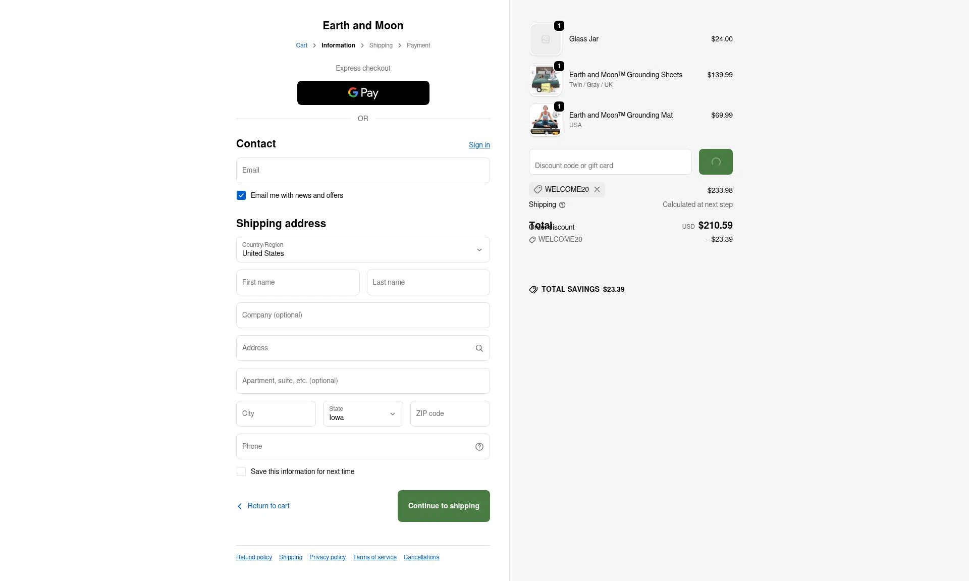 Earth and Moon checkout page showing Earth and Moon discount code box | Screenshot taken by SimplyCodes community member on Feb 14, 2026