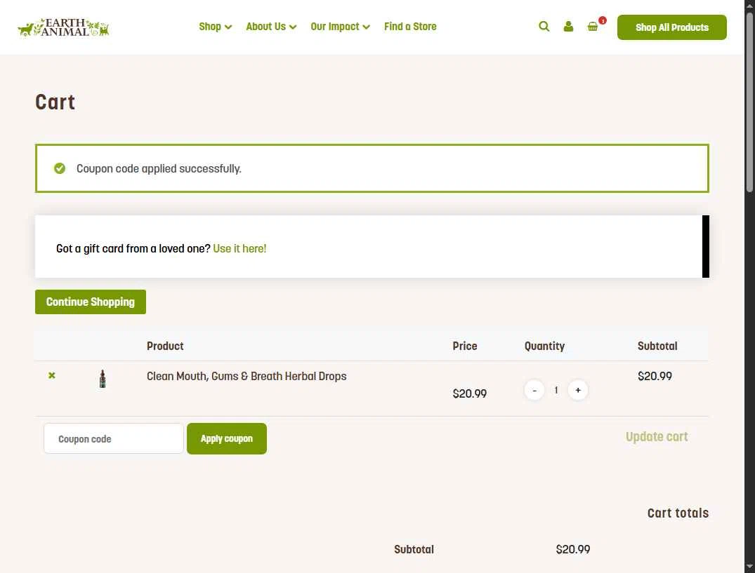 Earth Animal checkout page showing Earth Animal coupon code box | Screenshot taken by SimplyCodes community member on Feb 1, 2026