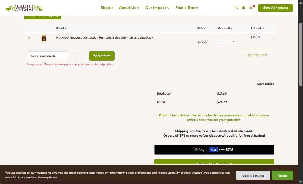Earth Animal checkout page showing Earth Animal coupon code box | Screenshot taken by SimplyCodes community member on Dec 31, 2025