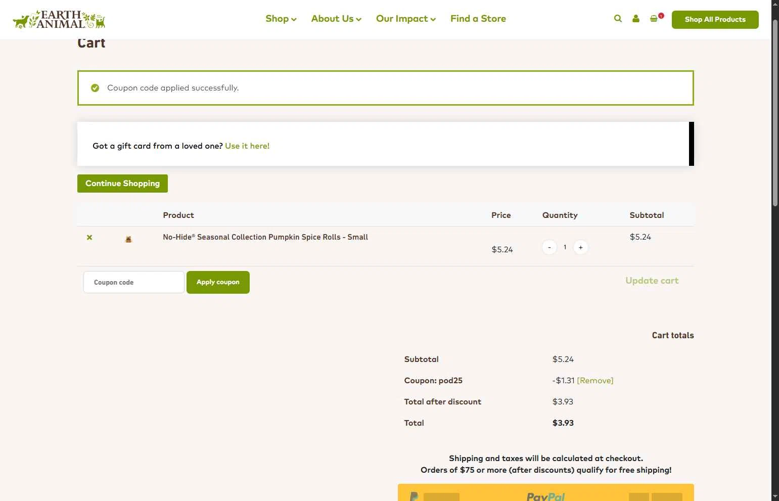 Earth Animal checkout page showing Earth Animal coupon code box | Screenshot taken by SimplyCodes community member on Nov 14, 2025