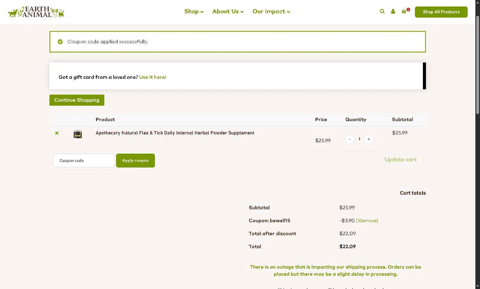 Earth Animal checkout page showing Earth Animal coupon code box | Screenshot taken by SimplyCodes community member on Oct 21, 2025