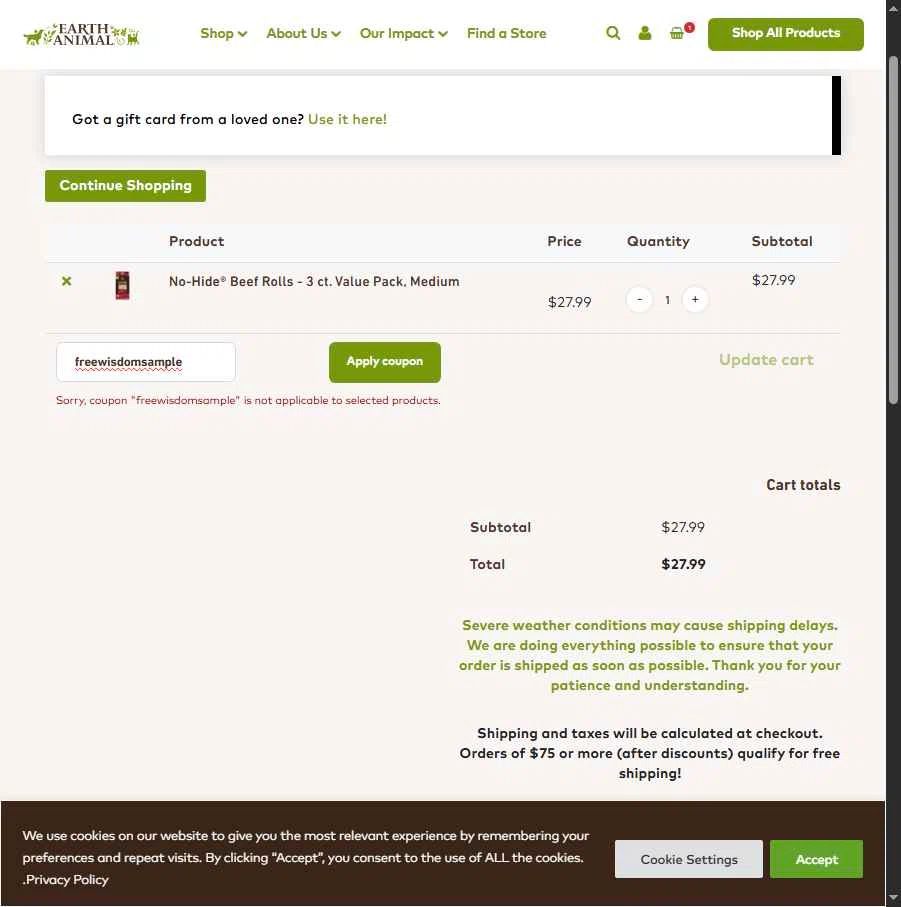 Earth Animal checkout page showing Earth Animal coupon code box | Screenshot taken by SimplyCodes community member on Jan 26, 2026